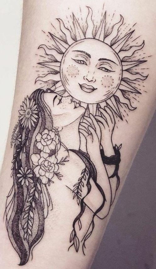 Tatouage Soleil Femme Et Fleurs