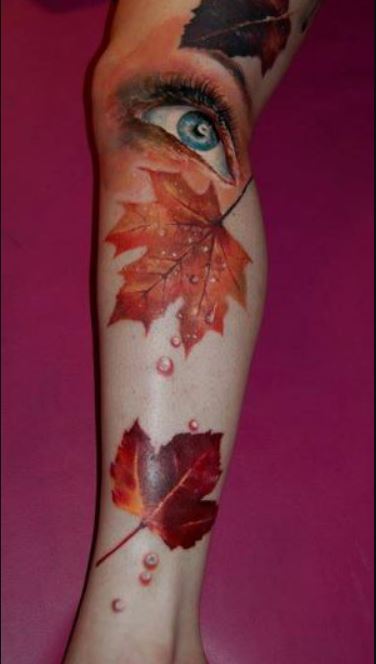 tatouage réaliste Feuilles D’automne Et œil 