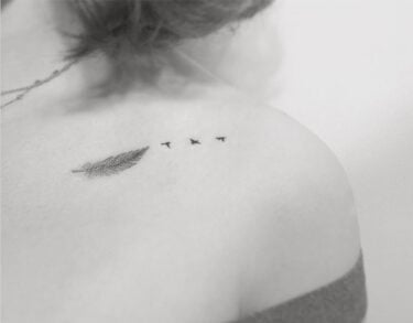 Tatouage Plume Femme Et Trio D'oiseaux Sur La Clavicule