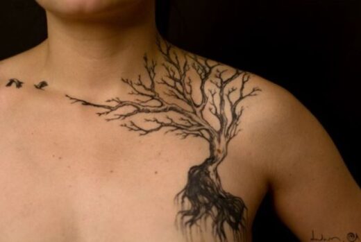 Tatouage Arbre De Vie Et Duo D'oiseaux Sur La Clavicule