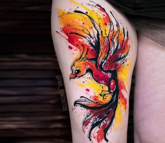  Tatouage Aquarelle Phoenix Sur La Cuisse 