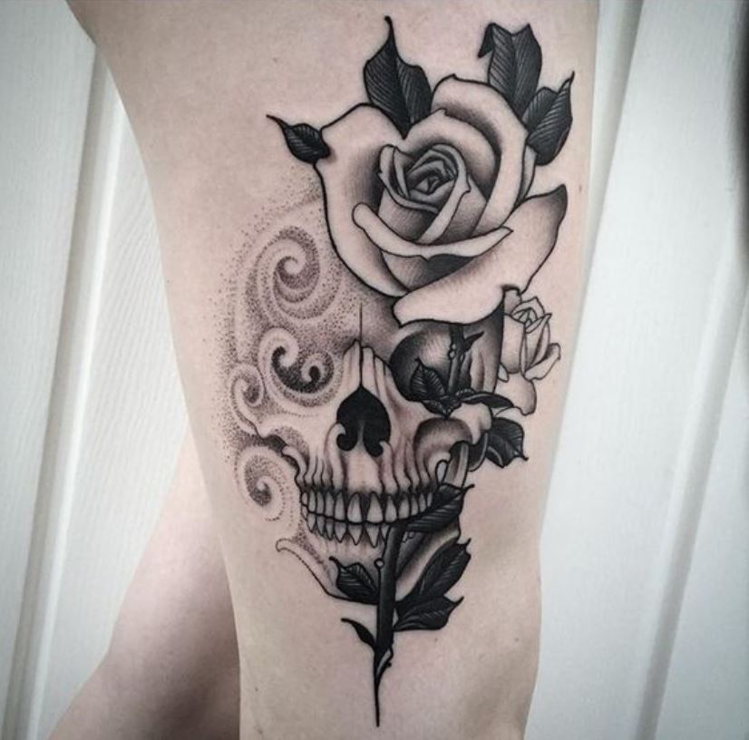 Tatouage Dotwork Ornemental Tête De Mort Et Rose 