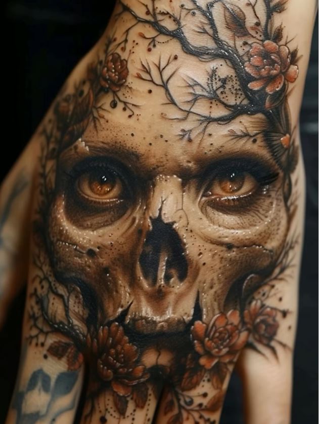 Tatouage Tête De Mort Floral Aux Yeux Réalistes 