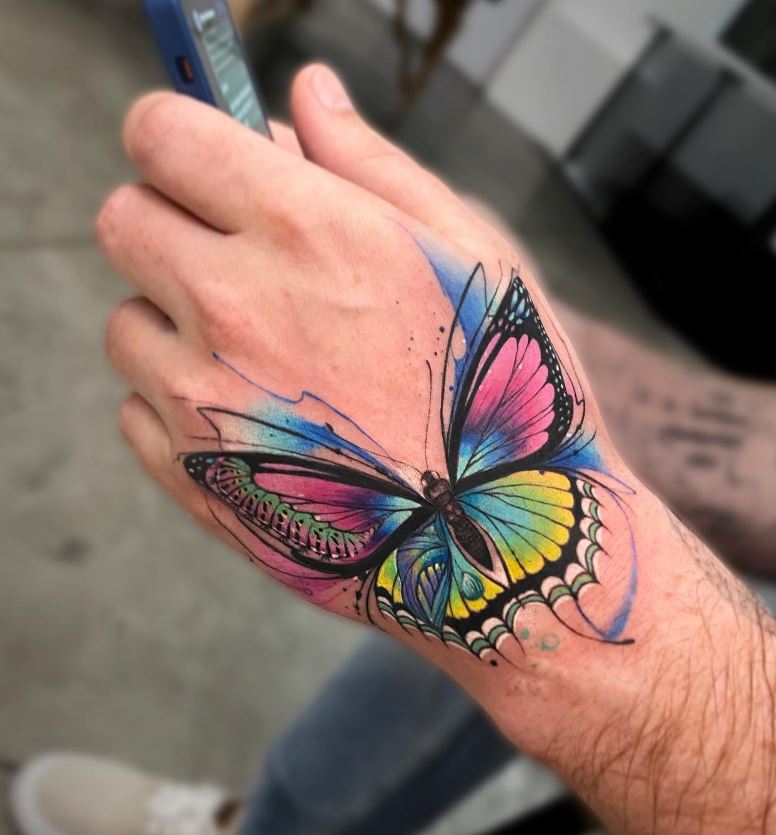 Tatouage Main Homme Papillon Multicolore 