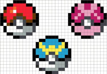 Pixel Art Trois Pokeballs Colorés 