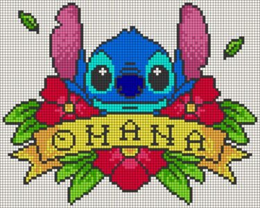 Pixel Art Stitch Avec Bouquet Ohana 