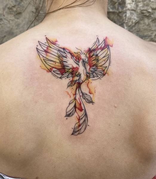 Tatouage Phoenix Et Flammes En Aquarelle 