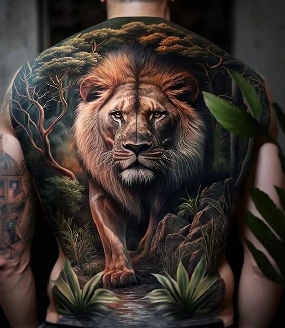 Tatouage Lion & Jungle Coloré 
