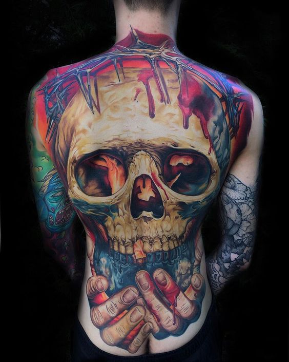 Tatouage Crâne & Mains Colorés 