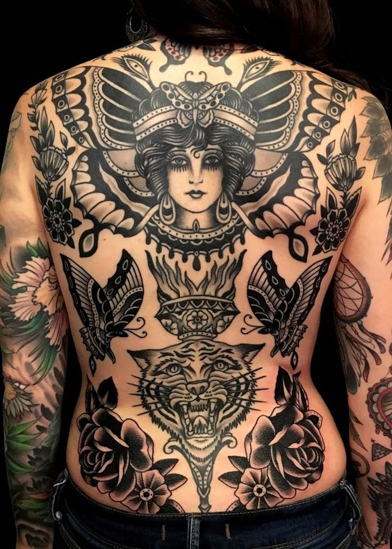 Tatouage Femme, Papillons & Tigre 