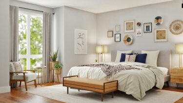 A Bedroom With A Bed, A Leather Bench, A